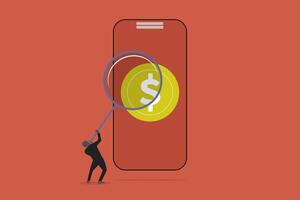 Magnifying glass is inspecting a phone screen displaying a dollar sign. concept of search for investment opportunities in the digital age vector
