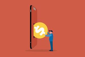 Businessman putting US dollar coin in a mobile phone. Concept of Send mobile recharge online, Mobile top-up, Recharge, and Refill vector