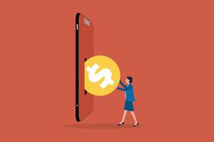 Business woman putting US dollar coin in a mobile phone. Concept of Send mobile recharge online, Mobile top-up, Recharge, and Refill vector
