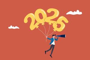 Businessman on year number 2025 look through telescope. concept of planning or strategy, vision or forecast, year begin anticipation, improvement or progress vector