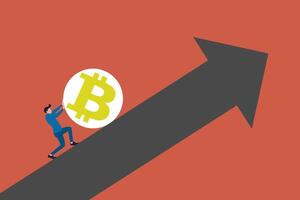Businessman investor trying push bitcoin up rising up arrow graph and chart. concept of Bitcoin and crypto price rising up, crypto currency value growth vector