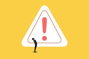 Businessman looking up thinking with big incident with exclamation attention sign. concept of Solving problem, identify risk or critical failure vector