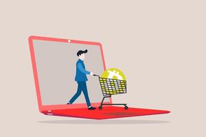 Man buying or purchasing crypto currency Bitcoin in shopping cart trolley out from laptop. concept of buying Bitcoin on sale when cryptocurrency price crash to make profit vector