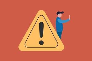 Businessman hand showing stop gesture with caution sign. Warning and alert attention signs vector