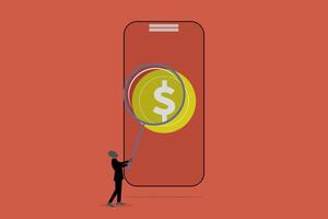 Magnifying glass is inspecting a phone screen displaying a dollar sign. concept of search for investment opportunities in the digital age vector