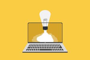 Lightbulb idea with rocket booster flying fast into the sky. concept of creative idea, imagination, innovation or technology to help success, new solution to win business competition vector