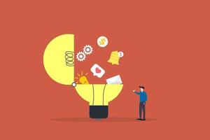 Businessman standing side open lightbulb. concept of Creativity to help see business opportunity, vision to discover new solution or idea, curiosity, searching for success concept vector