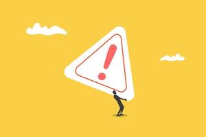 Businessman carrying huge exclamation attention sign. concept of solving problem, identify risk or critical failure vector