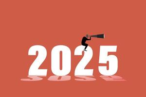 Businessman on year number 2025 look through telescope. concept of planning or strategy, vision or forecast, year begin anticipation, improvement or progress vector