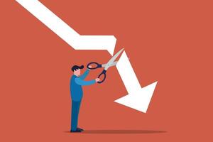 Businessman using scissors to cut off the falling downward arrow. concept of Stop losing assets from stock market volatility vector