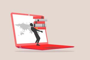 Collage Online education concept. Computer laptop with book out. New course, webinar. Smart thinking and brainstorming vector
