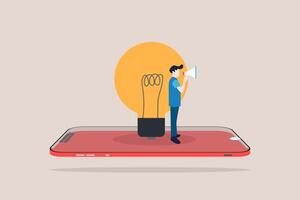 Man standing side lightbulb with megaphone. Business vision, creativity and new ideas illustration concept. Symbol of Inspiration, idea, brainstorming, future, planning. Eps10 illustration vector