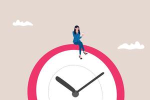 Business woman sitting on clocks, organizing time, planning tasks and scheduling. Concept of effective self organization and management control vector