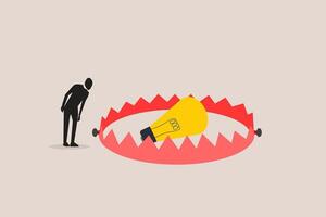 Busineessan looking lightbulb in trap. Trap, imprisonment, jail concept. Limitation of thinking concept. Locked, trapped creative idea vector