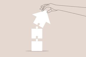 Big hand put piece of jigsaw puzzle to complete arrow. concept of Growth strategy, solving problem to success in work and solution vector