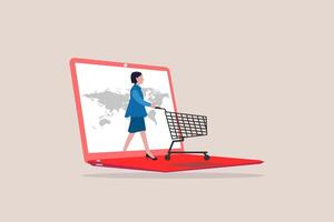 Online shopping or shopping app concept, Business woman pushing shopping cart trolley running from website or app on laptop. concept of Online shopping or mobile shopping app vector