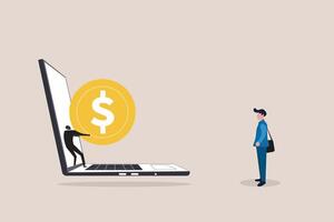 Man with gold dollar out of laptop. concept of online payment, Money transfer, online banking, Send and receive financial transaction technology vector