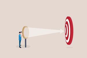 Businessman with magnifying looking up target or goal. concept of Search for business target or goal, opportunity, mission to achieve, discover purpose or find strategy to reach goal vector