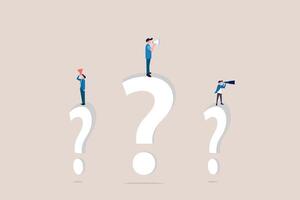 Businessman standing on huge question mark look through binoculars and megaphone to search for new business idea. concept of problem solution, opportunity and success vector