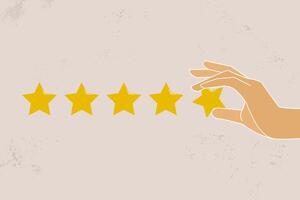 Hand of customer holding the stars to complete five stars. concept of Service rating, satisfaction, and experience vector