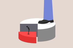Big businesman and tiny businessman standing on pie chart. concept of target, opportunity, economic financial share profit, challenge and success vector