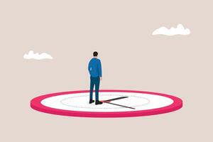 Businessman standing on clocks, organizing time, planning tasks and scheduling. Concept of effective self organization and management control vector