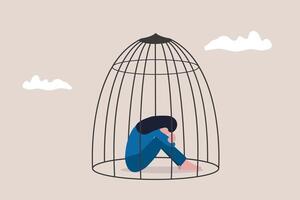 Business woman with depression and despair sitting in bird cage. concept of Business stagnation with no growth, limitation in career development, punishment with no freedom in business vector