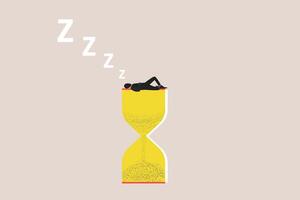 Tired bored businessman sleep on hourglass. concept of boring work, dead end job, overwork extra after hours, lack of sleep, insomnia consequences, need rest vector