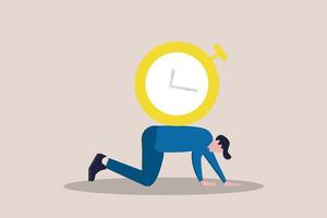 Stress businessman salary man carry heavy big clock burden. concept of fail Time management spend time with family and loved, overworked and overtime vector
