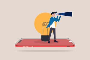 Man standing side lightbulb with telescope. Business vision, creativity and new ideas illustration concept. Symbol of Inspiration, idea, brainstorming, future, planning. Eps10 illustration vector