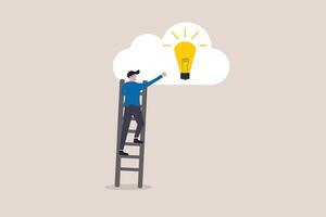 Businessman climb up ladder to reach lightbulbin cloud. concept of Creativity idea, solution, success, business growth, improvement progress, personal development vector