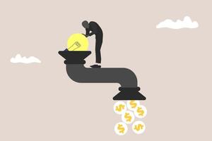 Businessman get money from revenue faucet flowing from lightbulb idea. concept of startup company start generate revenue or income, business idea to make money, gain profit or create sales vector