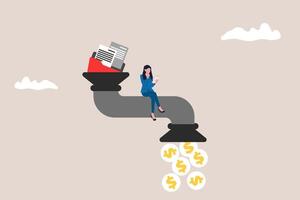 Business woman get money from revenue faucet flowing from folder file. concept of startup company start generate revenue or income, business idea to make money, gain profit or create sales vector