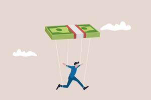 Businessman puppet doll being controlled by money. concept of capitalism, greedy working environment, slavery, decision manipulation or bribery and corruption vector