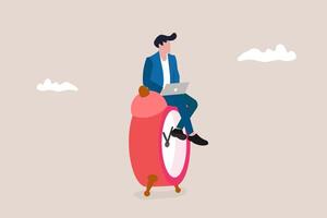 Businessman sitting on clocks, organizing time, planning tasks and scheduling. Concept of effective self organization and management control vector