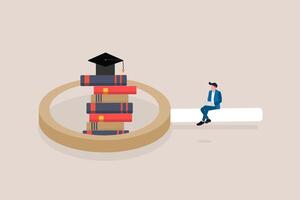 Businessman sit on magnifying glass. concept of Growth education training, learning and self development, ambitions. Knowledge and information vector