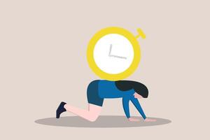 Stress business woman salary man carry heavy big clock burden. concept of overworked and overtime, fail Time management and spend time with family and loved vector