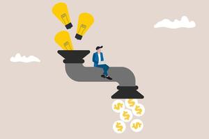 Businessman get money from revenue faucet flowing from lightbulb idea. concept of startup company start generate revenue or income, business idea to make money, gain profit or create sales vector