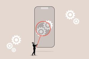Businessman with magnifying glass to analyze cog wheels problem. concept of fix problem, Analyze, solving, and development vector