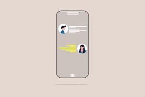 Communication mobile application chat screen concept. Happy characters using, holding smartphones, messenger, texting messages at distance vector