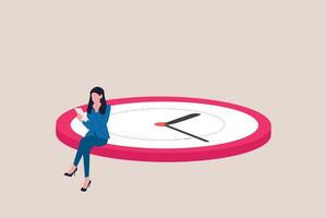 Business woman sitting on clocks, organizing time, planning tasks and scheduling. Concept of effective self organization and management control vector