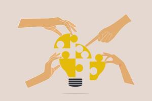 Hand businessman team members partner connect lightbulb jigsaw puzzle together. concept of Teamwork or partnership for business success, innovation or creativity to solve problem vector