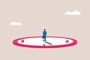 Businessman standing on clocks, organizing time, planning tasks and scheduling. Concept of effective self organization and management control vector