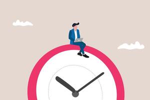 Businessman sitting on clocks, organizing time, planning tasks and scheduling. Concept of effective self organization and management control vector