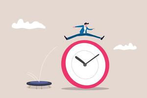 Businessman jump on clocks, organizing time, planning tasks and scheduling. Concept of effective self organization and management control vector