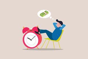 Businessman relax on the time running clock dreaming about money. concept of wasting time, slow living, and low productivity or efficiency vector