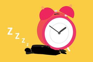 Tired bored businessman sleep front of clock. concept of boring work, dead end job, overwork extra after hours, lack of sleep, insomnia consequences, need rest vector