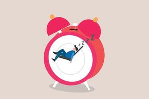 Lazy businessman sleeping on clock, unwilling to work. concept of Wasted time and slow life vector