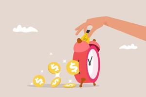 Big hand input money into clock to get return profit. concept of startup company start generate revenue or income, business idea to make money, gain profit or create sales vector