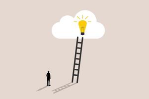 Businessman climb up ladder to reach lightbulbin cloud. concept of Creativity idea, solution, success, business growth, improvement progress, personal development vector